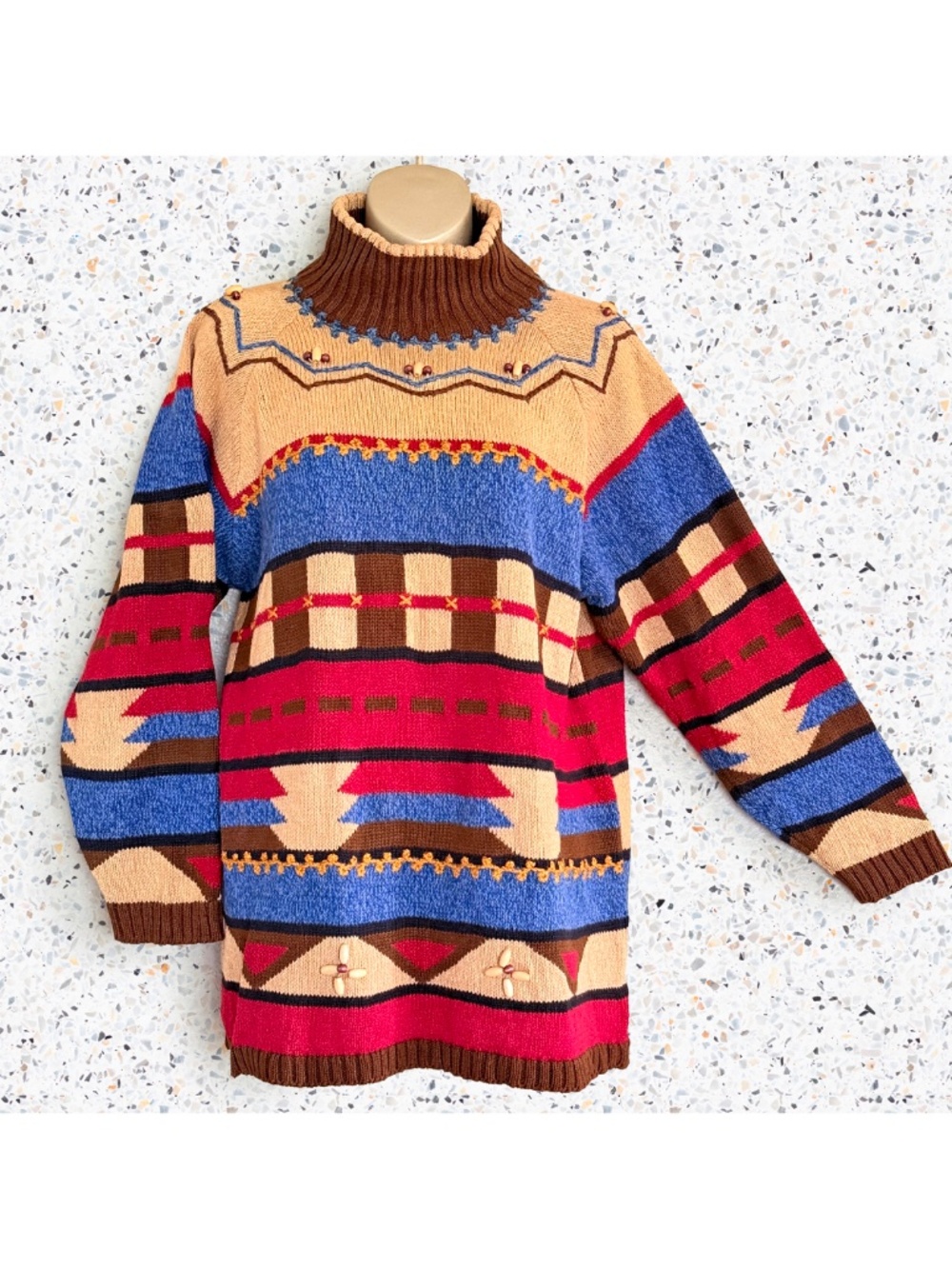 VTG 90s Lizsport Cabincore Mock Neck Beaded Knit Sweater Southwest Aztec Boho PM